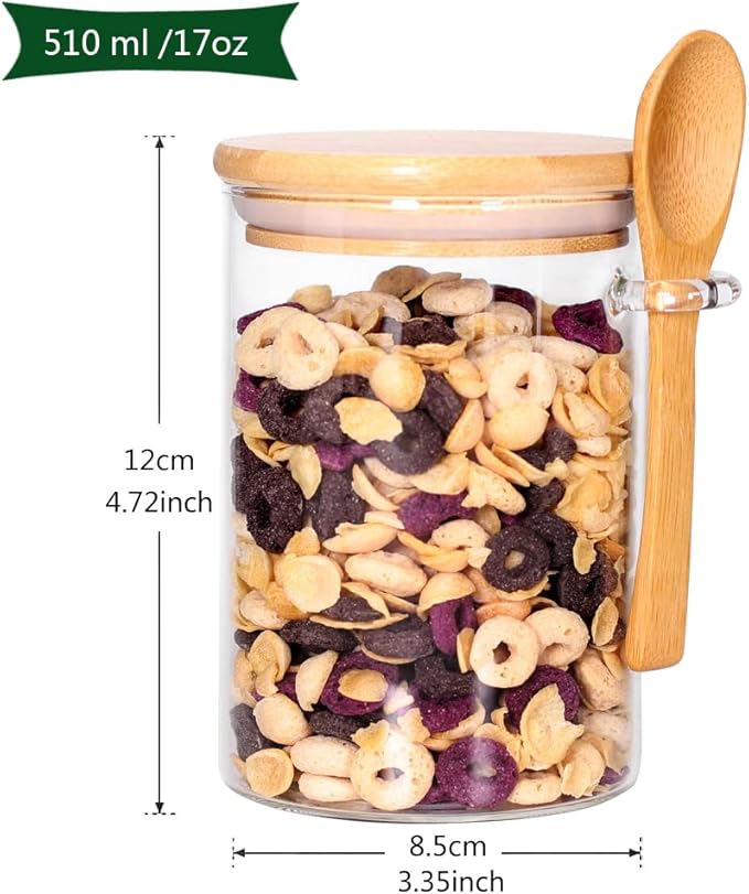 4 Pack Glass Containers with Lids and Spoons, Overnight Oat Container with Lids Glass, Oatmeal Jar with Spoons, Meal Prep Jars for Yogurt, Chia Pudding (Round 4PCS)