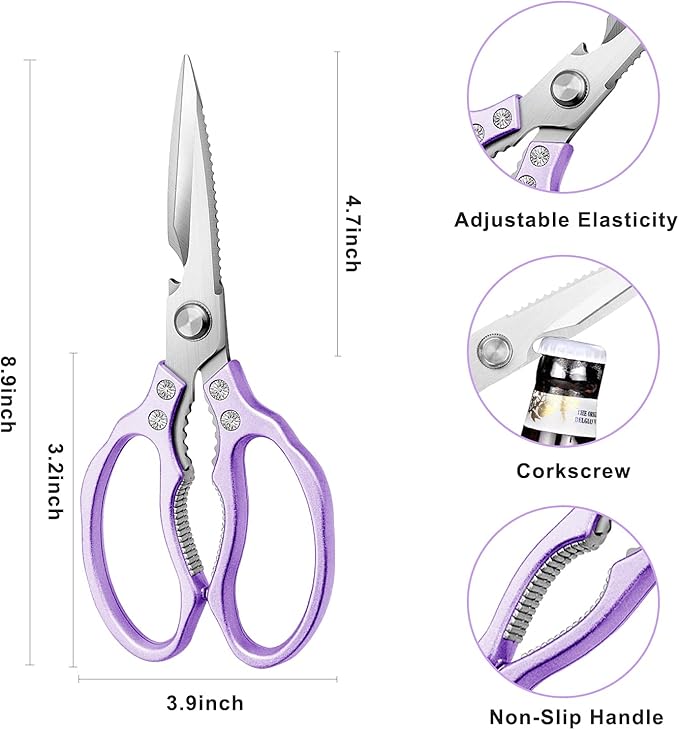 AWinjoy Heavy Duty Sharp Kitchen Scissors, Dishwasher Safe, Cooking Shears for Meat, Chicken, Fish, Poultry, Herb, Bread (Purple)