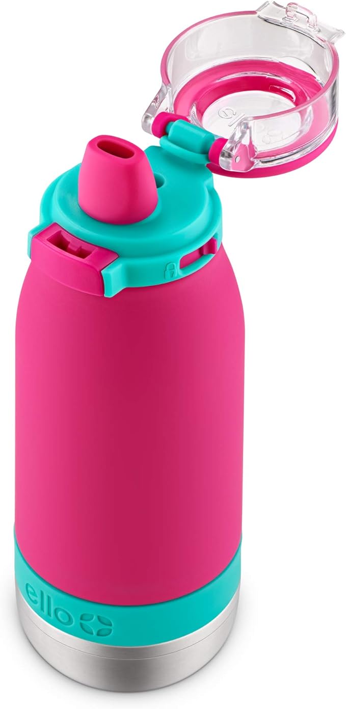 Ello Emma 14oz Vacuum Insulated Stainless Steel Kids Water Bottle with Straw and Built-in Carrying Handle and Leak-Proof Locking Lid for School Backpack, Lunchbox and Outdoor Sports