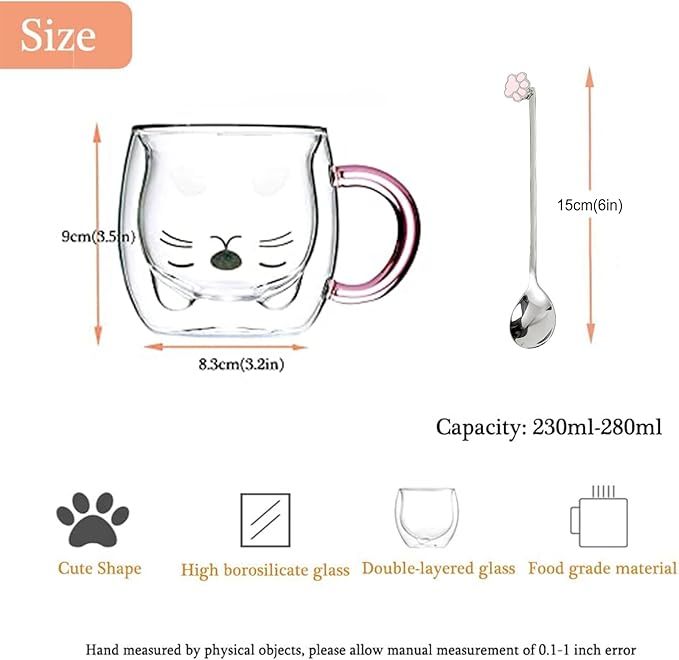Purple Cat Mug Cute Mugs Glass Double Wall Insulated Glass Espresso Cup, Kawaii Cup, Coffee Cup, Tea Cup, Milk Cup, Best gift for Office and Personal Birthday Christmas (Purple Cat)