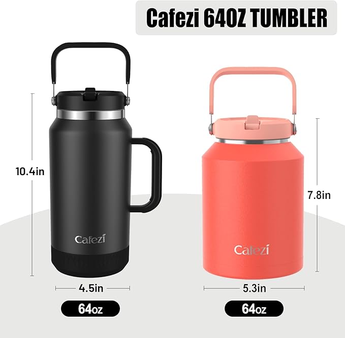 Half Gallon Water Jug 64oz, Stainless Steel Water Bottles with Flip Straw and Top Handle, Leak Proof, No Sweat, Iced for 34 Hours, Vacuum Insulated Cup for Home, Office, Outdoors, Car