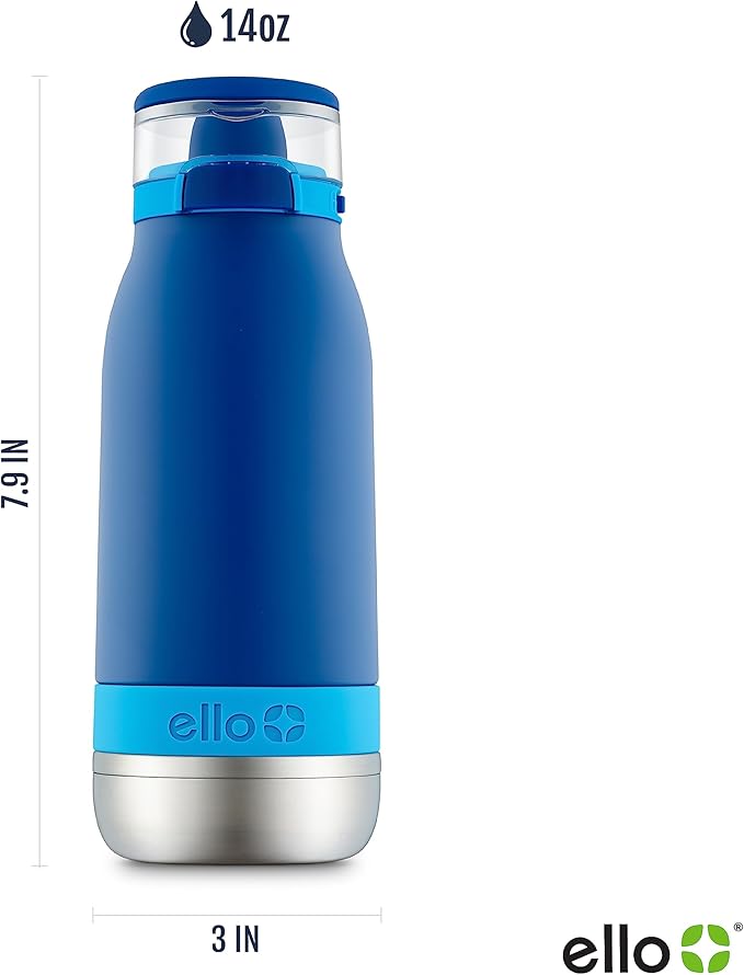 Ello Emma 14oz Vacuum Insulated Stainless Steel Kids Water Bottle with Straw and Built-in Carrying Handle and Leak-Proof Locking Lid for School Backpack, Lunchbox and Outdoor Sports