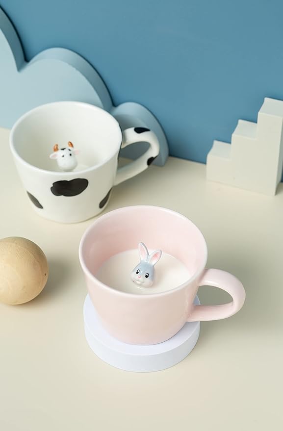 DIHOclub Rabbit Ceramic Cup Hidden 3D Animal Inside Mug,Cute Cartoon Bunny Handmade Figurine Mugs,Easter Gifts,12 OZ (Pink)