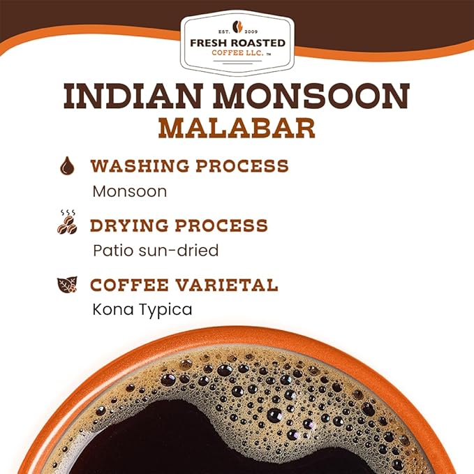 Fresh Roasted Coffee, Indian Monsoon Malabar, 2 lb (32 oz), Light Roast, Kosher, Whole Bean