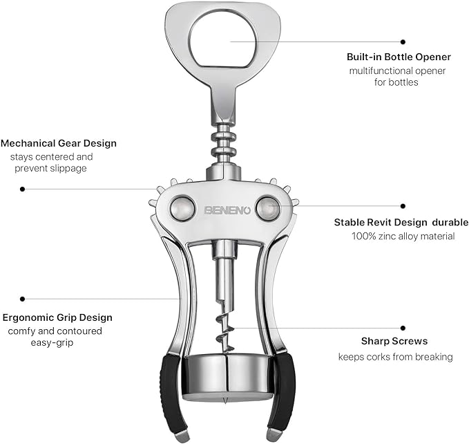 Beneno Wine Opener with Silicone Leak Proof Wine Vacuum Stopper, Zinc Alloy Premium Wing Corkscrew with Multifunctional Bottles Opener, Upgrade