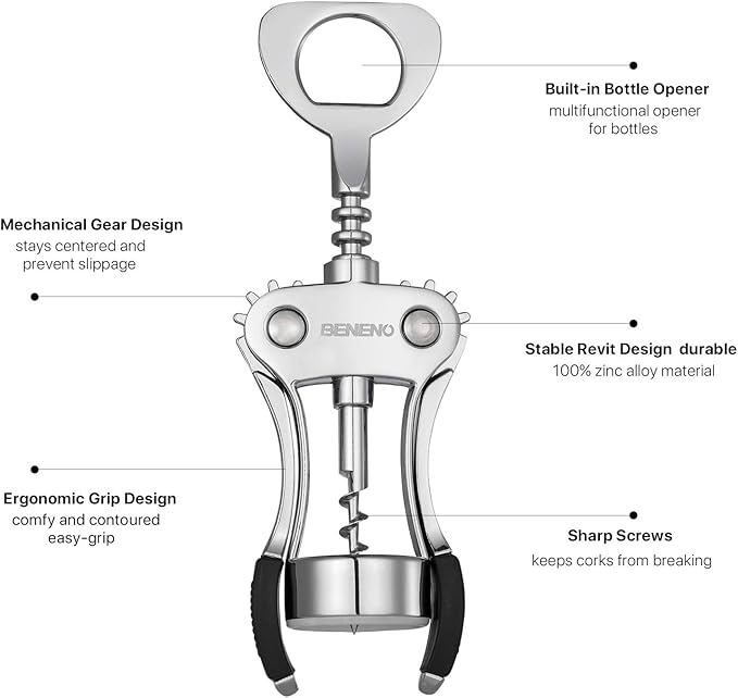 Beneno Wine Opener, Zinc Alloy Premium Wing Corkscrew with Multifunctional Bottles Opener, Sharp Wine Corkscrew with Ergonomic Non-Slip Wing Handle, Upgrade