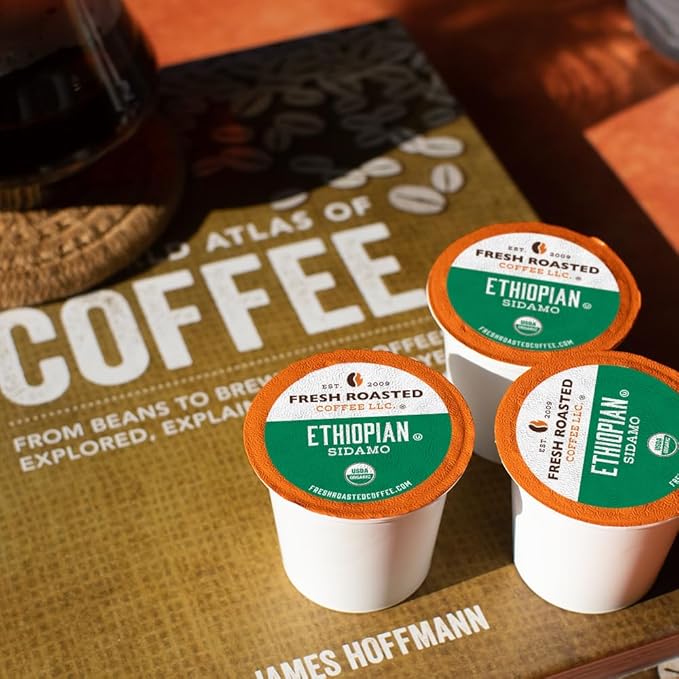 Fresh Roasted Coffee, Organic Ethiopian Sidamo | Fair Trade, USDA Organic, 100% Single Origin, Kosher | Light Roast 72 Pods for K Cup Brewers