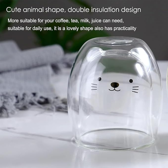 Cat Mug Cute Mugs Glass Double Wall Insulated Glass Espresso Cup, Kawaii Cup, Coffee Cup, Tea Cup, Milk Cup, Best gift for Office and Personal Birthday Christmas (Cat)
