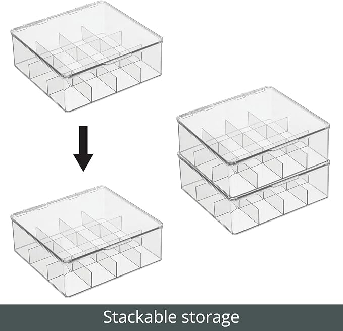mDesign Plastic Kitchen Organiser — Practical Storage Box with 12 Compartments and Hinged Lid — Pantry Storage Box with Lid for Tea, Coffee, Spices and Other Foodstuffs — Clear