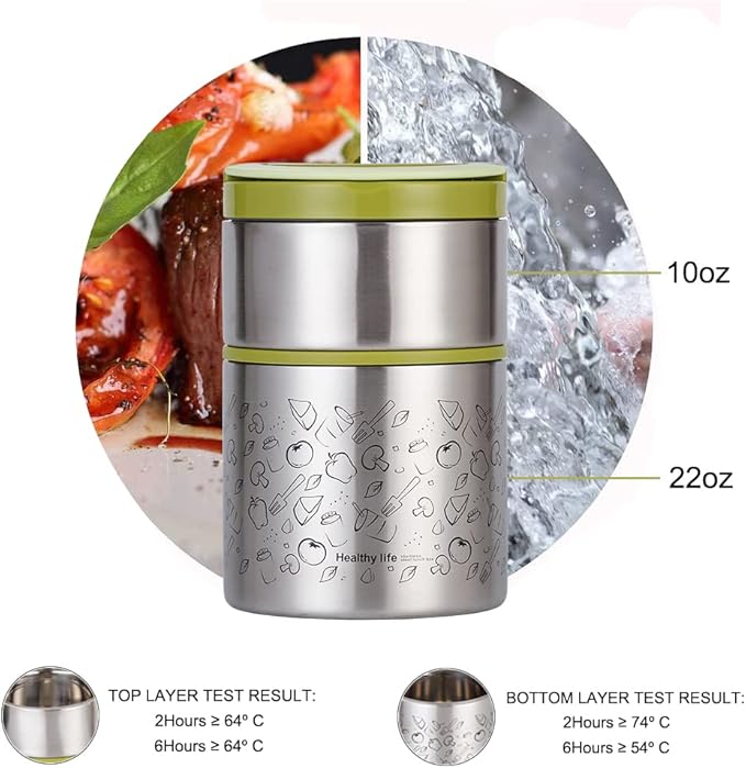 Lille Home Vacuum Insulated Stackable Stainless Steel Thermal Lunch/Snack box, 2-Tier Bento/Food Container with Lunch bag, Smart Diet, Weight Control, 32 Ounces