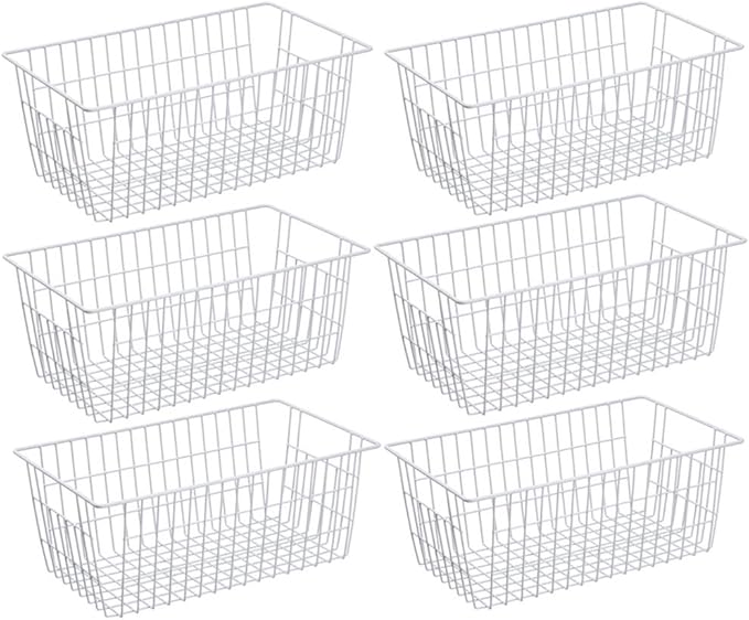 SANNO Wire Metal Baskets Freezer Baskets Farmhouse Organizer Storage Bins Large Organizer Bins for Shelf Storage, Office, Bathroom, Pantry Organization Storage Bins Rack with Handles-Set of 6