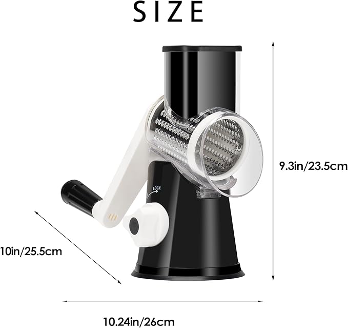 Cheese Grater Hand Crank, Rotary Vegetable Shredder with Handle and Strong Suction base, 3 in 1 Kitchen Speed Spin Veggie Slicer Nut Grinder for Pizza Top, Hash brown, Salad and More (Black)