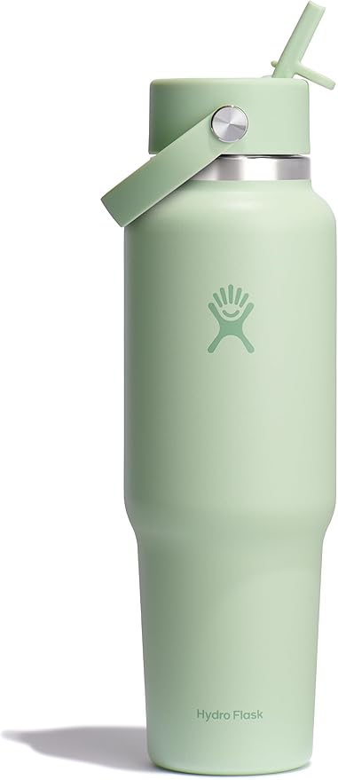 Hydro Flask Travel Water Bottle - Insulated Stainless Steel - Wide Straw Lid, Non Spill, Leakproof in 40 Oz Aloe Green