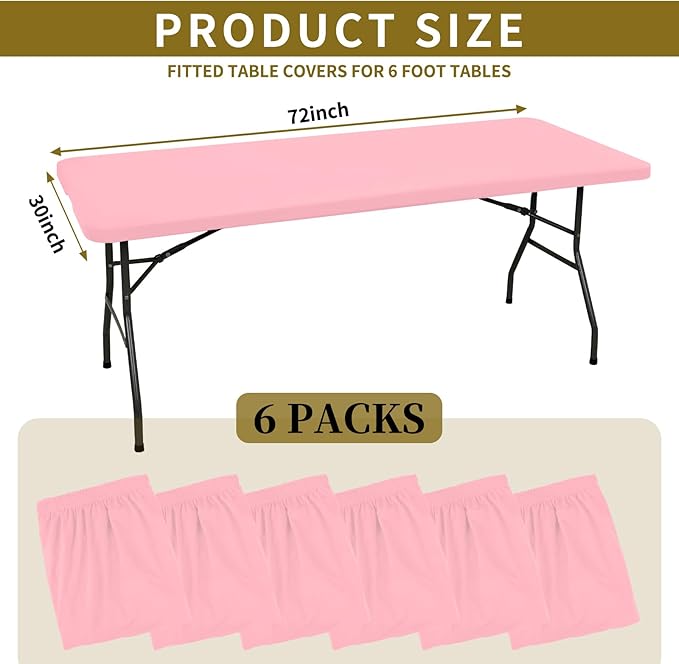6 Pack Fitted Tablecloth for 6 Foot Rectangle Tables, Pink Elastic Outdoor Picnic Table Cover, Washable Stretch Folding Table Cloths 6 ft for Camping Party Patio Kitchen Banquet, 30" W x 72" L