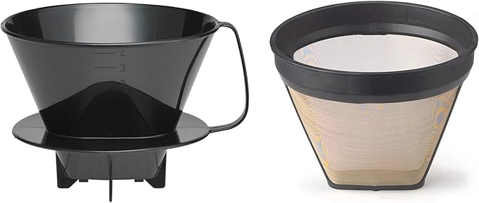 Fino Pour-Over Reusable Coffee Brewing Cone with Gold-Toned Mesh Permanent Coffee Filter, Number 4-Size, Black