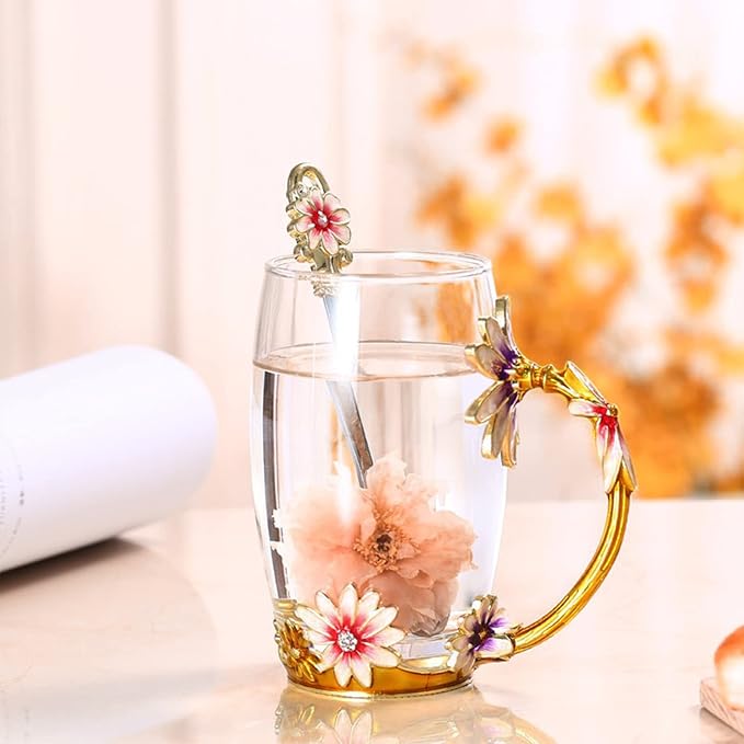 OEAGO Purple Gifts for Women Mom Mothers Day Glass Coffee Enamels Mug Best Birthday Flower Gifts for Her from Daughter Son Lead-Free Christmas Tea Cup with Spoon Set