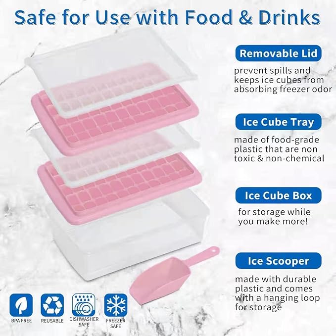 2 Pack Ice Cube Tray with Lid and Bin for Freezer, Easy Release 55 Nugget Ice Tray with Cover, Storage Container, Scoop. Perfect Small Ice Cube Maker Tray & Mold. Flexable Durable Plastic, BPA Free