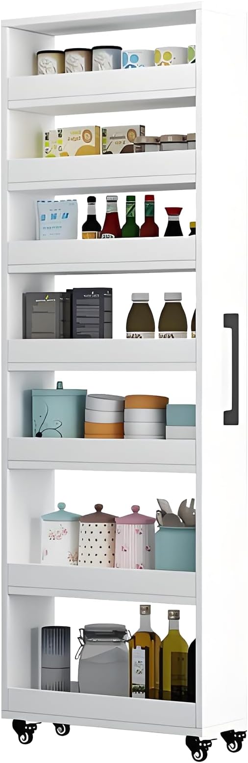 7-Tier Slim Storage Cart, Wooden Rolling Pantry Cabinet with Wheels, Narrow Shelf Organizer for Kitchen, Bakers Rack, Dining Room, Closet, Small Spaces Warm White 47.2" H*5.9" W*23.6" D