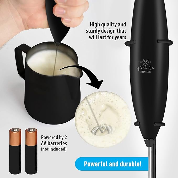 Zulay Premium Gift Milk Frother Set – Handheld Coffee Frother with Stand, 12oz/350ml Frothing Pitcher + 4 Latte Art Stencils – 13,000 RPM Motor, SS Whisk, Battery Operated – Barista Kit (Exec Black)
