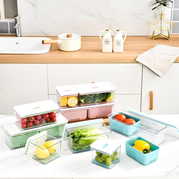 Lille Home Stackable Produce Saver, Organizer Bins/Storage Containers with Removable Drain Tray, Set of Six, for Refrigerators, Cabinets, Countertops and Pantry, BPA Free (Set of Six)
