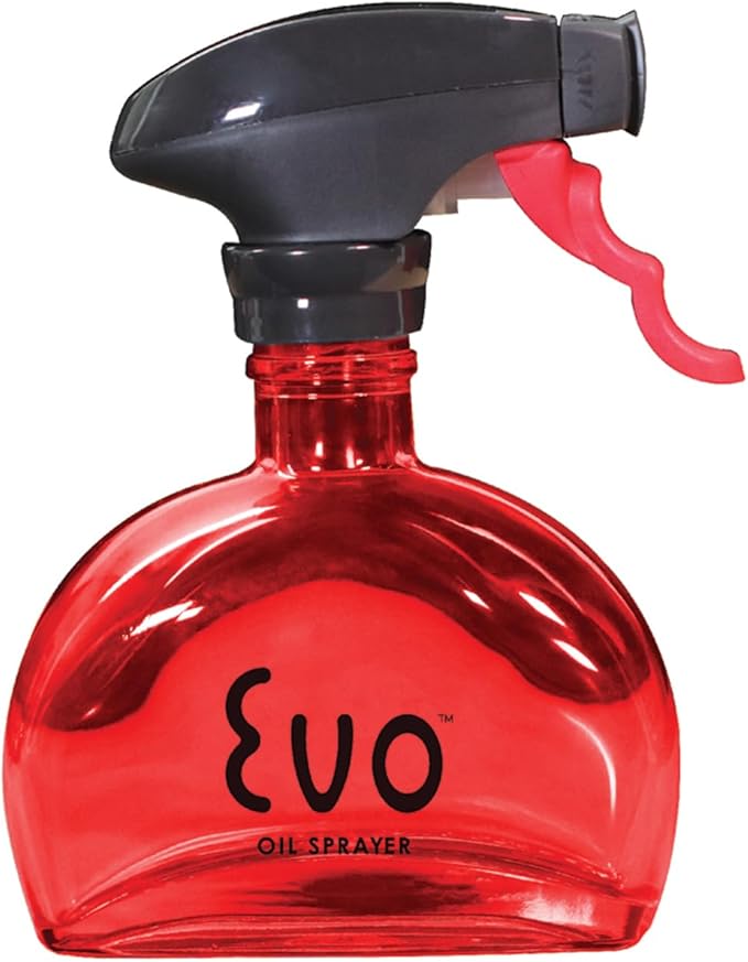 Evo Glass Oil Sprayer Bottle | Non-Aerosol for Olive Oil, Cooking Oils, Vinegars | 6-Oz Capacity | Rotatable Nozzle | Gourmet Cooking Tools - Food-Safe Materials | Red