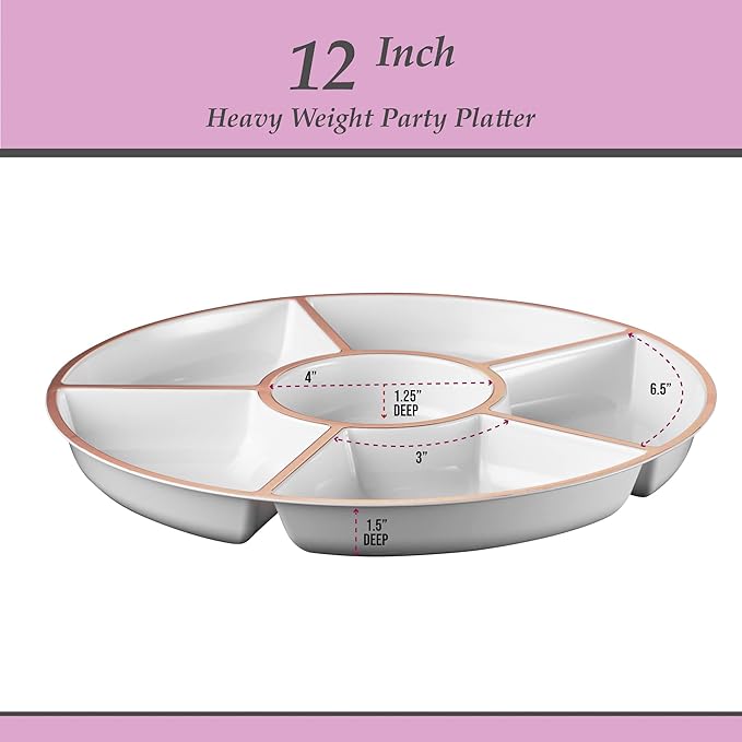 Plasticpro 6 Sectional Round Plastic Serving Tray/Platter (2, White & Rose Gold)