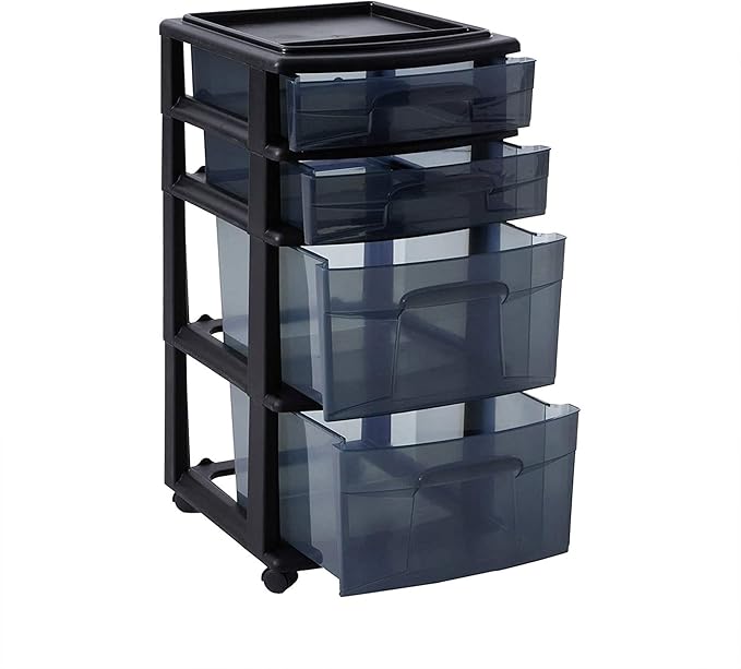HOMZ 2-Pack Drawer Tower, 4-Tier Clear Plastic Storage Organizer Cart, Black Tint and Frame - Organizing Containers with Wheels for Home, Bathroom, Bedroom, Office, and Classroom