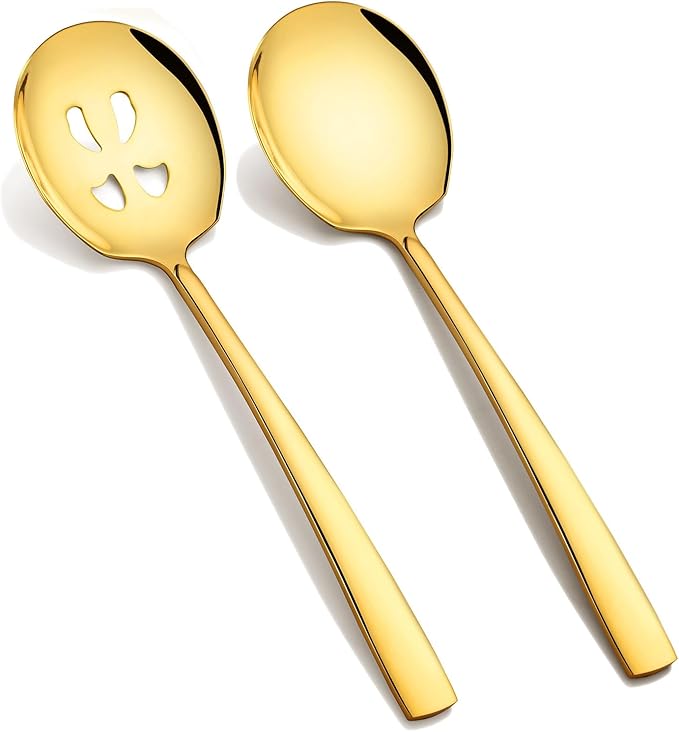 Extra Large Serving Spoons Set 11.7-Inch Gold Serving Slotted Spoon and Serving Spoon 18/8 Stainless Steel Big Serving Utensil for Buffet, Parties, Catering - Dishwasher Safe(2-Pack, Gold)