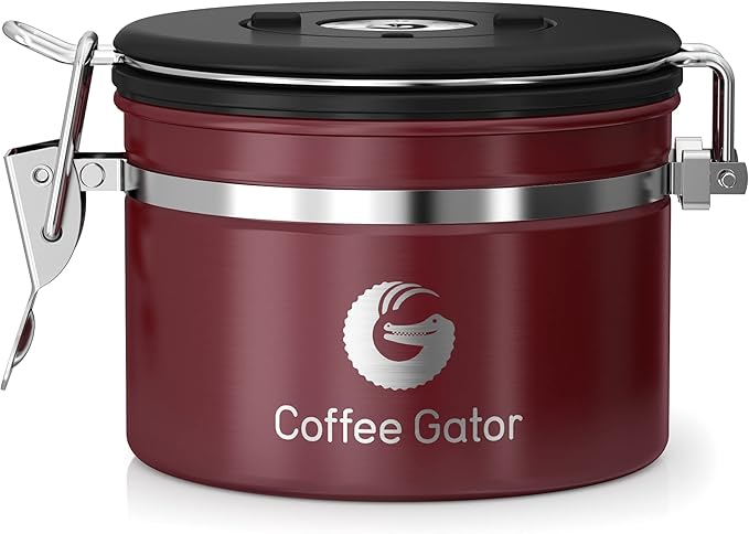 Coffee Gator Coffee Canister, 11oz Airtight Stainless Steel Kitchen Food Storage Container with Date-Tracker, CO2-Release Valve and Scoop for Beans, Grounds, Sugar, Cookies Jars, Tea, Cereal - Red