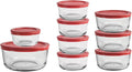 Anchor Hocking 18 Piece Glass Storage Containers with Lids (9 Glass Food Storage Containers & 9 Red SnugFit Lids)