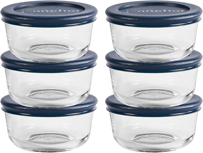 Anchor Hocking 1 Cup Glass Storage Containers with Lids, Set of 6 Glass Food Storage Containers with Navy Blue SnugFit Lids