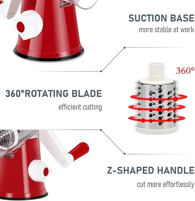 Rotary Cheese Grater with Handle Vegetable Shredder Round Kitchen Slicer Mandoline Grater for Vegetable, Nuts, Chocolate, Cheese, White, 3 Stainless Steel Blades