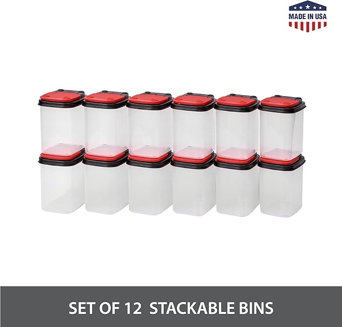 Buddeez Bits and Bolts Storage Containers - Stackable Clear Organizers for Tools and Parts - 12 Pack Red Lid