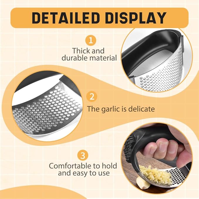 Stainless Steel Garlic Press Rocker, 2025 New Garlic Mincer and Garlic Crusher, Easy-Squeeze Garlic Tool with Peeler and Cleaning Brush for Smashing Garlic (3 Set)