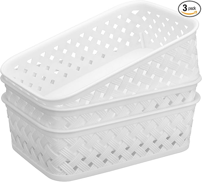 MaxGear Organization and Storage 3 Packs, Plastic Bins Organizer Bins, Woven Baskets for Storage, Plastic Baskets with Handles, White Basket for Organizing, Basket Organizer for Home and Office, Small