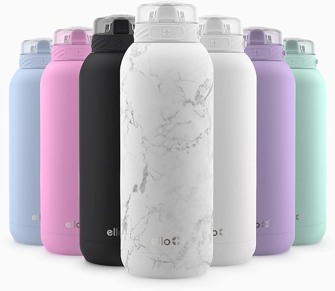 Ello Cooper 22oz Stainless Steel Water Bottle with Straw and Carry Handle, Double Walled and Vacuum Insulated Metal, Leak Proof Locking Lid with Soft Silicone Spout, Reusable, BPA Free, White Marble