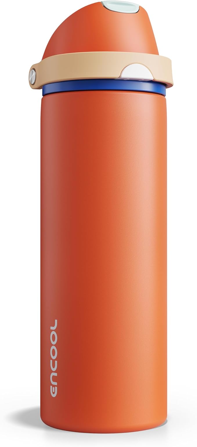 Insulated Water Bottle with Straw - Encool Stainless Steel Water Bottle with Push Button Lid, Leak-Proof & BPA-Free, Keeps Cold for 24 Hours for Sports, Travel, Gym (24 oz, Salmon)