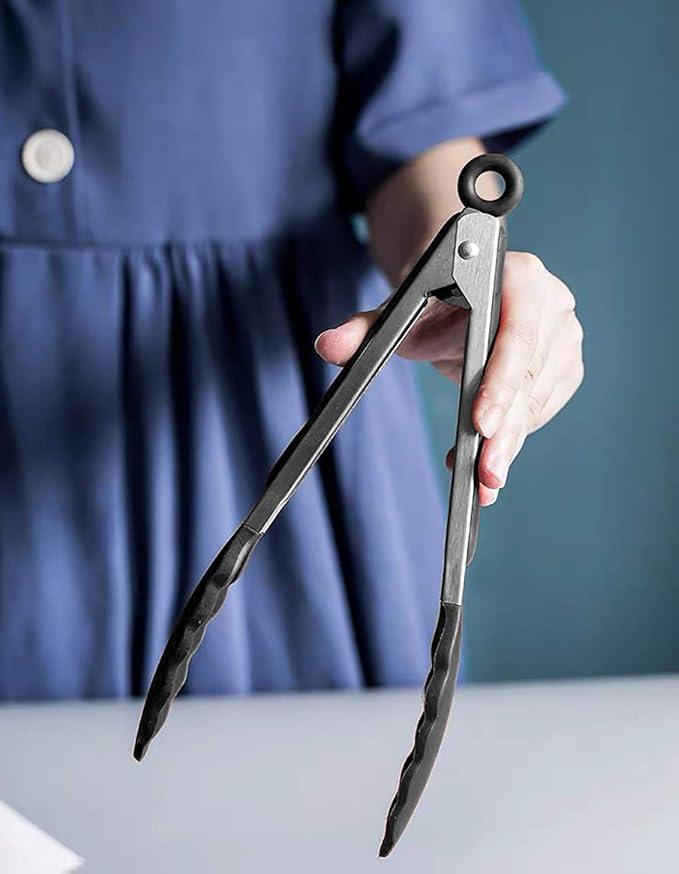 9-Inch Serving Tongs Silicone Tongs, Set of 3 (Black White Gray)