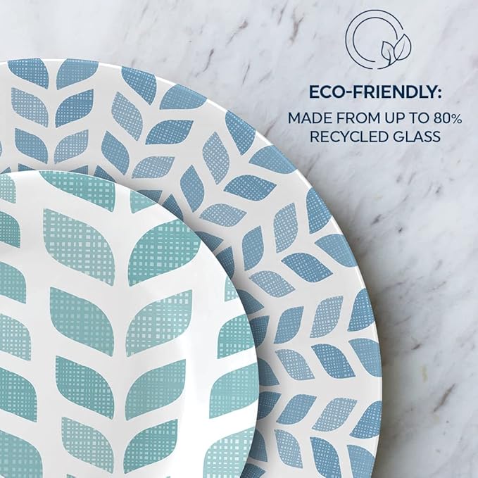 Corelle Global Collection Vitrelle 18-Piece Dinnerware Set Triple Layer Recycled Glass, Lightweight Eco-Friendly Round Plates and Bowls Set, Northern Pines