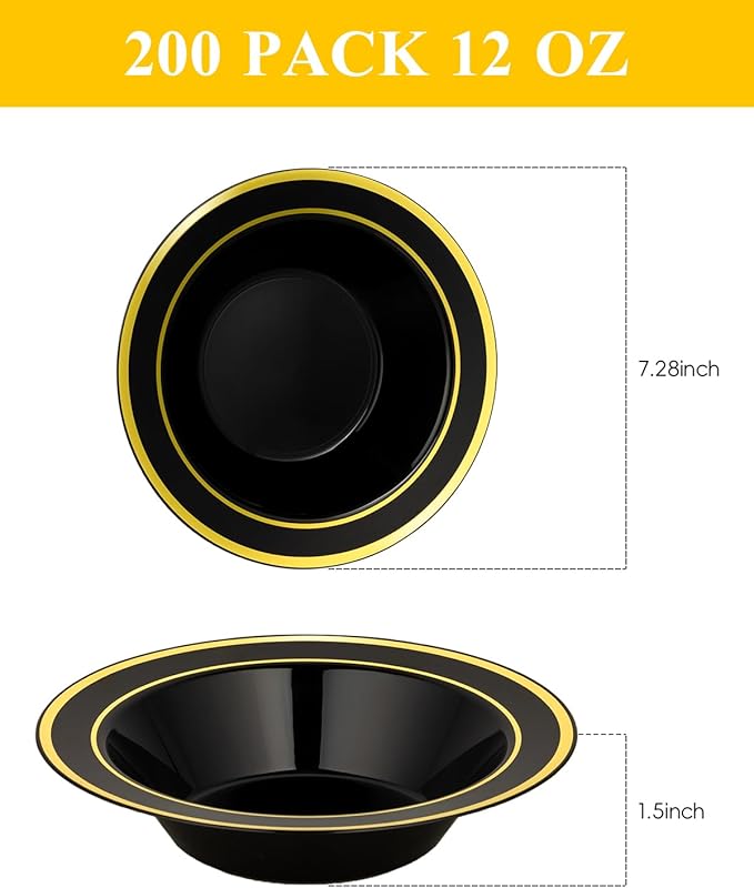 200 Pack Black Disposable Bowls with Gold Rim, 12oz Black Plastic Soup Bowls for Party, Wedding, Holiday,And Halloween