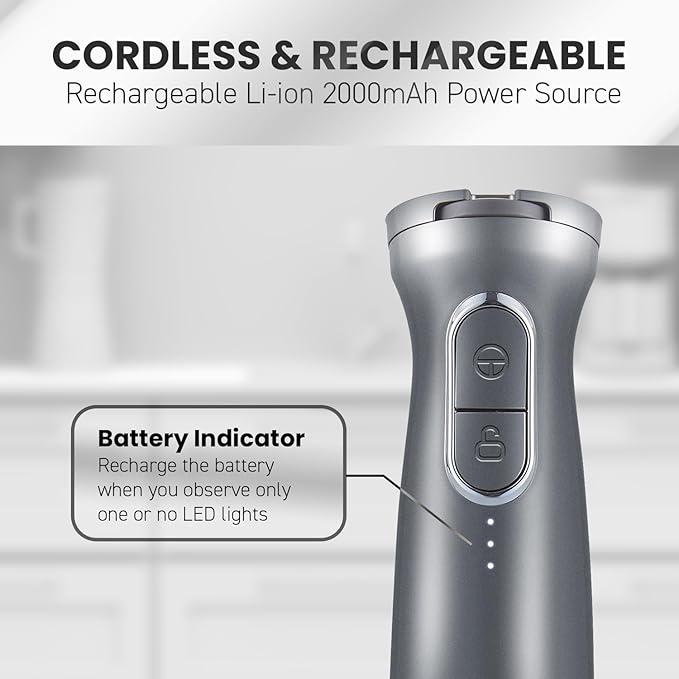 Elite Gourmet EHB1300 Cordless, Rechargeable Hand Blender, Variable Speed Blending with One-Touch Power Button, Stainless Steel Blades, Portable, Easy Control Stick Mixer, Baby Food, Charcoal Grey