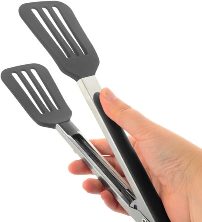 Cooking Tongs 9 inches and 12 inches Stainless Steel Kitchen Silicone Serving Tong Heat Resistant Meat Turner Spatula Tongs with Locking Handle Joint