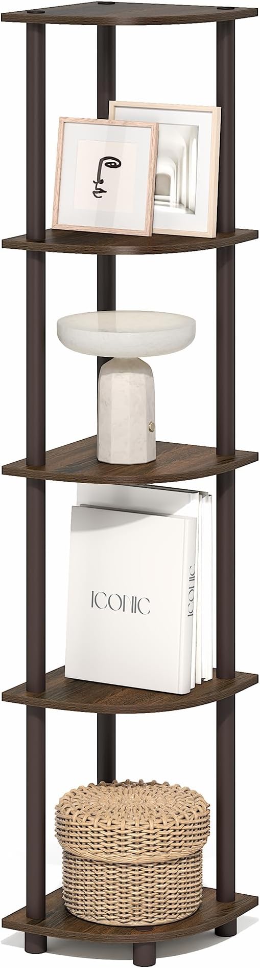 Furinno Turn-N-Tube Corner Shelf, 5-Tier Corner Bookshelf, Open Storage Shelves, for Organization and Storage, Living Room, Home Office, Garage, Bedroom, Black Walnut