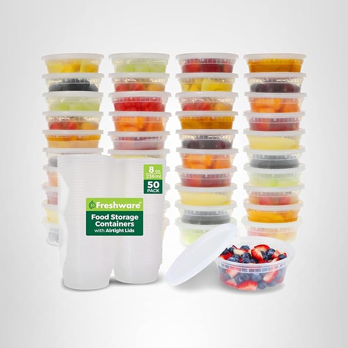 Freshware Food Storage Containers [50 Set] 8 oz Plastic Deli Containers with Lids, Slime, Soup, Meal Prep Containers | BPA Free | Stackable | Leakproof | Microwave/Dishwasher/Freezer Safe