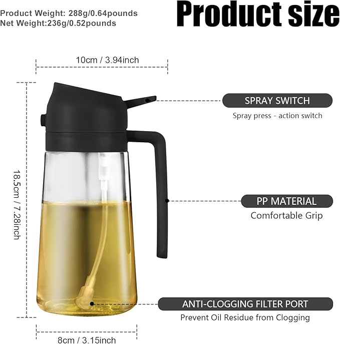 2 in 1 Glass Oil Sprayer & Dispenser,16oz/470ml Olive Cooking, Air Fryer, and Salad, for Kitchen Gadgets and Air Fryer Accessories, w/Stickers (Black + White Bottle 2)