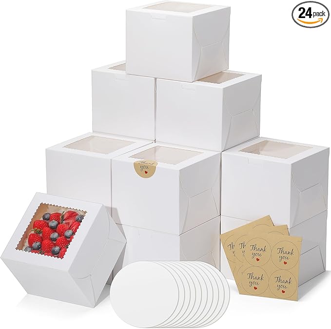Mini Cake Boxes 6 Inch with Window, 24 Set Bakery Boxes with Cake Boards & Stickers, Cupcake Box for Birthday, Party, Wedding, Mother's Day, Valentine's Day, Christmas（6x6x5 inch）