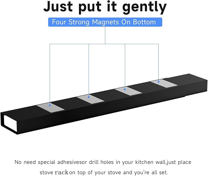 4X Strong Magnetic Shelf for Stove Top, Adjustable 15-30 Inches, Fits Various Stove Lengths, Kitchen Organizer, Holds Spices, Condiments and BBQ Sauces (Matte Black)