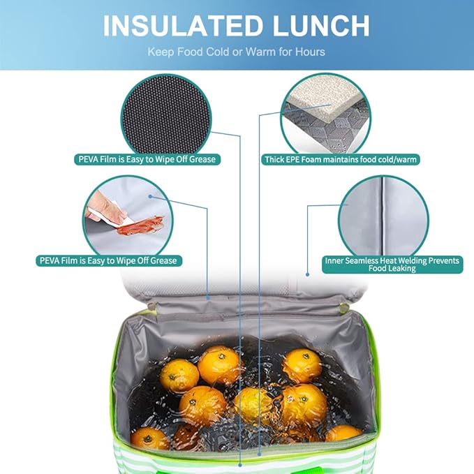 Iknoe Large Cooler Bag Collapsible 24 Can Insulated Bags Leakproof Lunch Cooler Tote with Multi-Pockets for Adult Insulated Thermal Bag for Beach, Picnic, Office Work(Green Stripe)