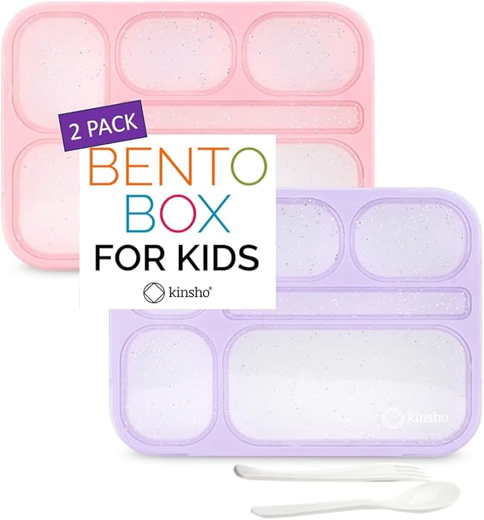 kinsho Glitter Lunch Box Bento Boxes for Girls, Meal and Snack Containers for Toddler Daycare, School, Travel, 6 Divided Compartments, Cute 2 Pack Set, Utensils, Pink Purple Lilac