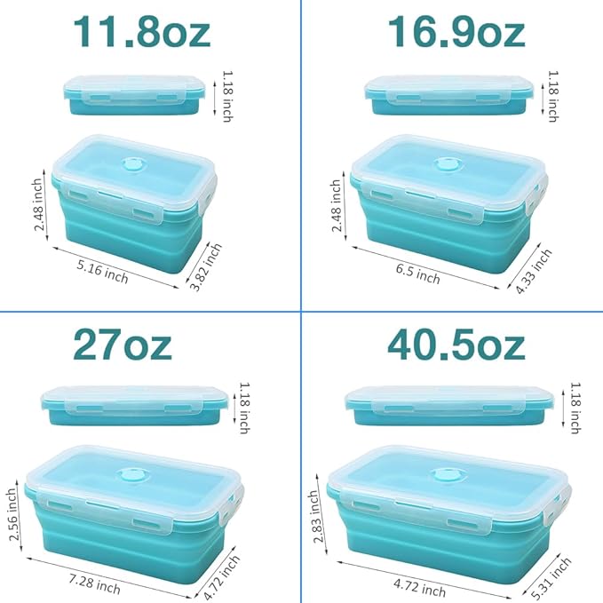 Alimat PluS 4 Assorted Size Set Silicone Food Storage Containers with Lids, 40.5oz, 27oz, 16.9oz and 11.8oz Collapsible Meal Prep Lunch Containers, Microwave, Freezer and Dishwasher Safe